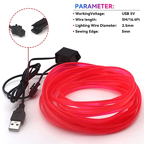 El Wire Lights For Car, El Wire Red Car Interior Neon Lights 16Ft/5M Car Led Strip Light Interior Usb 5V For Car Garden Party Decoration #TOP1