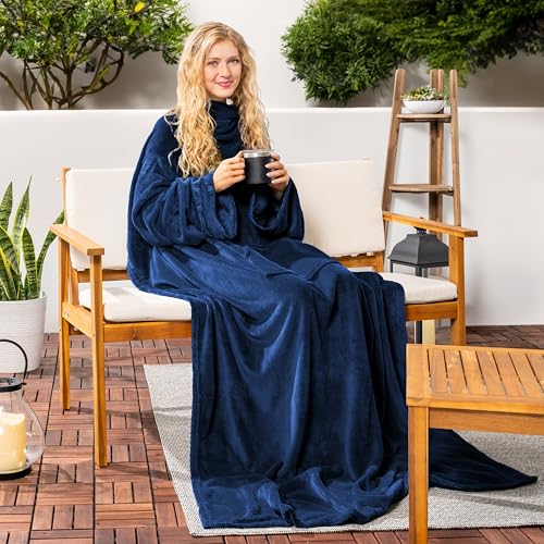PAVILIA Wearable Blanket with Sleeves for Adult Women Men, Cozy Fleece Warm Wrap Throw Blanket with Arms, Pocket, Gifts for Christmas, Wife, Navy Blue - Thumbnail 2