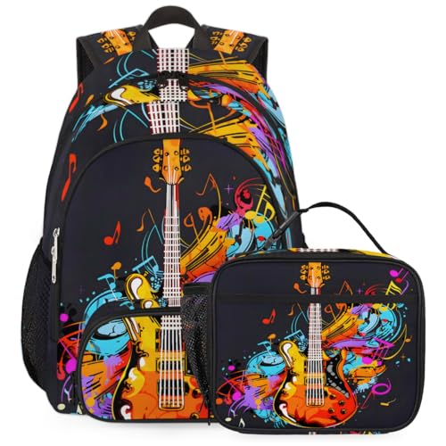 Electric Guitar Music Theme Large Backpack Set with Lunch Box Lightweight Water Resistant Travel Laptop Backpacks Casual Daypacks