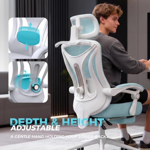 Image of CYKOV Ergonomic Office Chair with Footrest - Adjustable Lumbar Support & Headrest, 90-135 Reclining Mesh Back Computer Chair - Home Office /Gaming, 350lbs Capacity