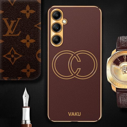 Image of Vaku Luxos Skylar Back Cover Case for Samsung Galaxy A14 5G with Leather Pattern Design Gold Electroplated Soft TPU Cover| Shockproof Protective Case - Brown