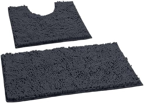 LuxUrux 2 Piece Bath Mat Set, Extra-Soft Plush Bath Shower Bathroom Rug + U-Shaped Toilet Mat. 1'' Chenille Microfiber Material. Super Absorbent. Machine Wash & Dry (Curved Set, Charcoal) - 3