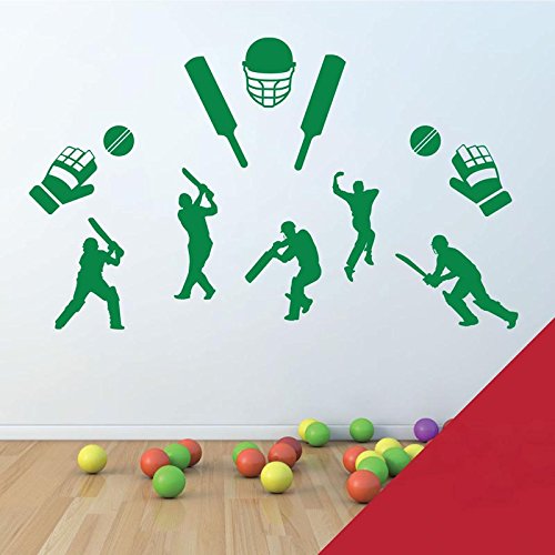 Cricket Players Silhouettes, Bat, Balls, Gloves, Helmet - Sport Game Wall Art Sticker [Medium] [Cherry]