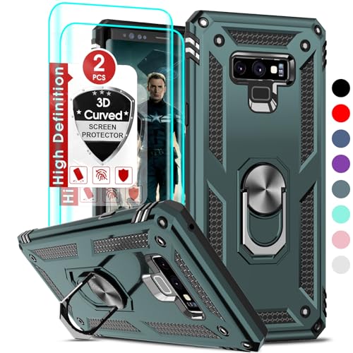 LeYi for Note 9 Phone Case, Samsung Galaxy Note 9 Case with [2 Pack] 3D Curved Screen Protector, [Military-Grade] Protective Shockproof Ring Kickstand Case Cover for Samsung Note 9, Green