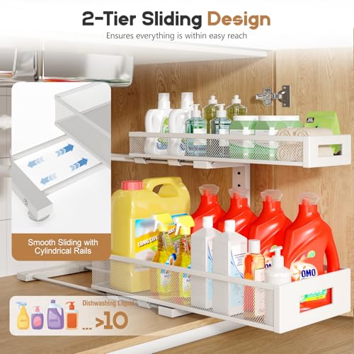 Image of 2 Pack 19IN Depth Under Sink Storage Organizer, Large 2-Tier Elegant Mesh Pull Out Shelf for Kitchen and Bathroom Cabinet Organization, L-Shaped and Adjustable Height Design-White
