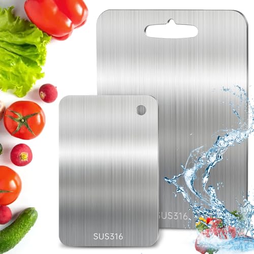 2 Pièces 316 Planche à Découper Inox, Planche à Découper Double Face en Métal de Qualité Alimentaire, Planche À Découper Antiadhésive En Acier Inoxydable (34 * 23cm+25 * 15cm)