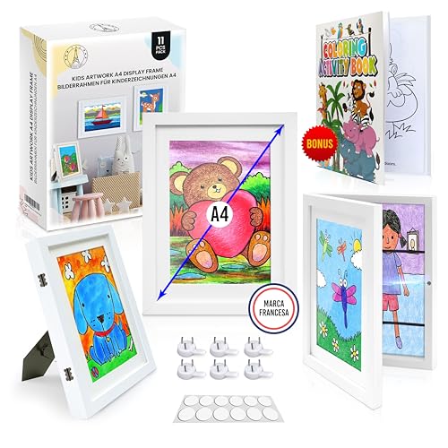 KidGallery Marcos Dibujos Infantiles A4 – Set de 2 Marcos Blancos – Incluye Libro para Colorear – Almacenamiento Fácil y Organizado – Regalo Creativo para una Decoración Personalizada y Práctica