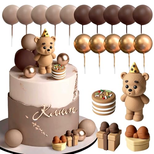 19PCS Brown Bear Cake Decoration Baby Bear Baby Shower Cake Topper Brown Balls Cake Topper Baby Shower Birthday Cake Decoration