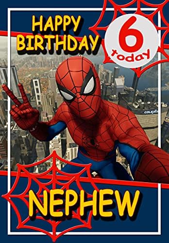 Spiderman Birthday Card for Nephew Age 6 - Optional Personalised Extra Large 77MM Badge - Full Colour Inside!