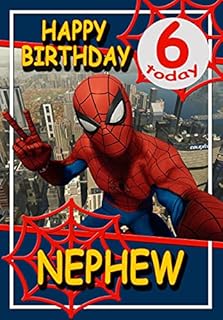 Spiderman Birthday Card for Nephew Age 6 - Optional Personalised Extra Large 77MM Badge - Full Colour Inside!