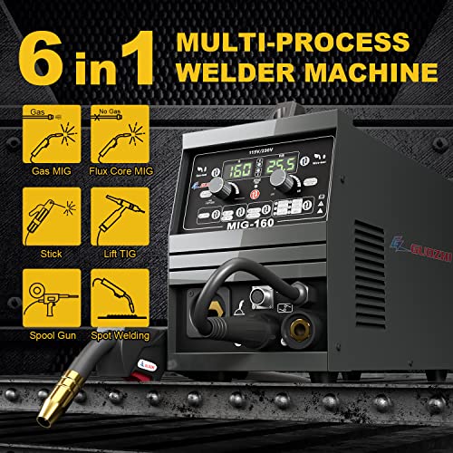 Gz Guozhi 160A Mig Welder, 110V/200V Dual Voltage 6 In 1 Stick Welder/Gas Mig/Gasless Flux Core Mig/Lift Tig/Spot Welding/Spool Gun Multi-Process Welding Machine With Dual Led Digital Display #TOP1