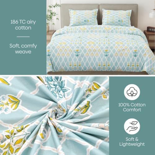 Image of Haus & Kinder Double Bed Bedsheet for Queen Size Bed, Queen Size Bed Sheet with 2 Pillow Covers 90 Inch x 100 Inch | Premium Soft & Silky Pure Cotton 186 TC Double Bedsheet | Heritage Blue