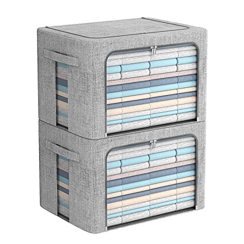 Image of FHSQX 2 Pack Clear Window Storage Bins - Large Stackable Linen Fabric Storage for Clothes Foldable Container Organizer Set with Carrying Handles (Light Gray, 15.7x 11.8x 11.7 Inch)