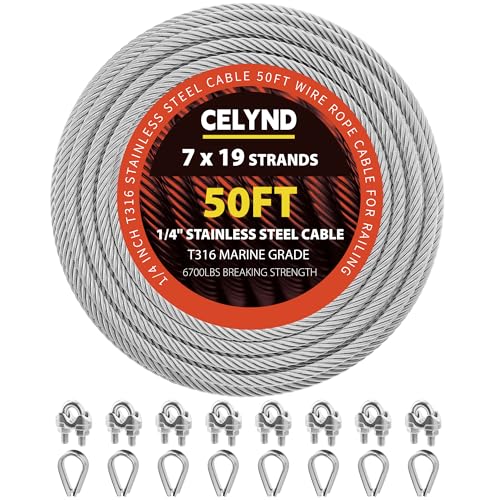 CELYND Stainless Steel Cable for Railing - 50FT 1/4" T316