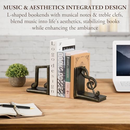 Mygift OFC1139BRN Tabletop Decorative Bookends, Elegant Brown Resin L-Shaped Desktop Book End Holders With Sculpted Musical Notes thumb #1