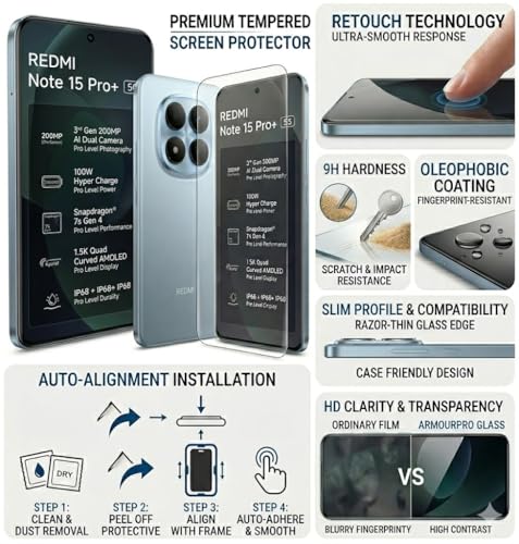 Image of FIRST MART UV Tempered Glass for Redmi Note 15 Pro Plus With Blue Camera Ring Guard Combo | Crystal Clear Curved Screen Protector, Case-Friendly, Scratch Resistant | Pack of 1