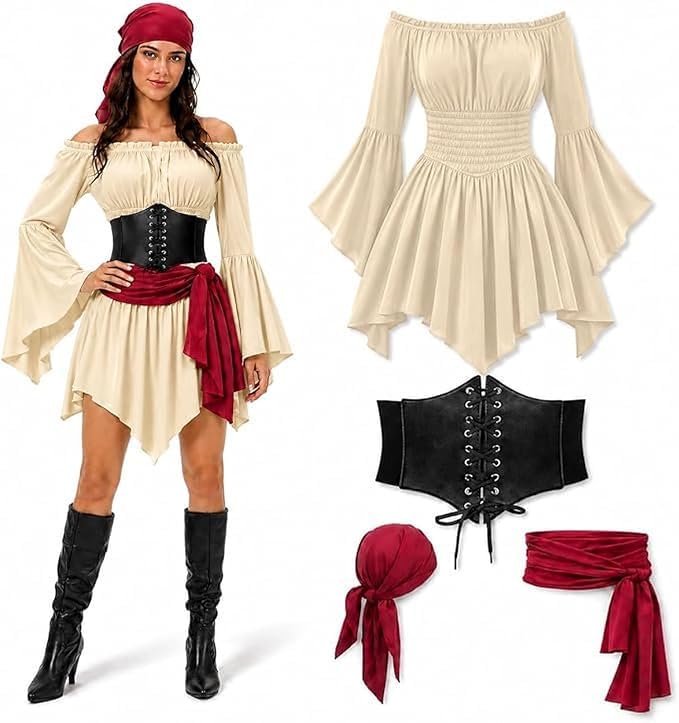 Women Medieval Short Dress Off Shoulder Pirate Flared Sleeve Dress Set — image 1