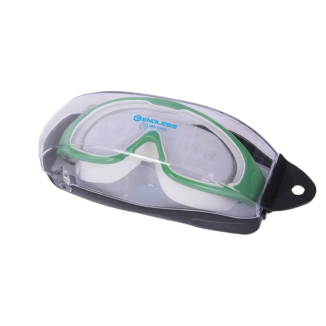 ENDLESS EL1009 Premium Swimming Goggle with Anti-Fog and UV Protection | Green | Material: Silicon, PU | Stylish Big Frame for more Visibility | Soft Silicone Gasket for Leak Proof | With Hard Case
