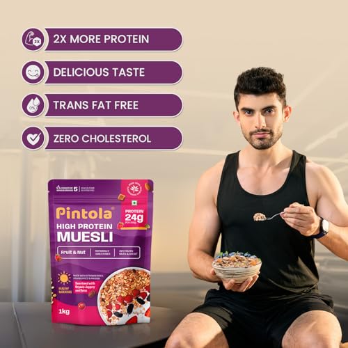 Image of Pintola 25g High Protein Muesli, Fruit & Nut, 1kg | Gluten-Free, Naturally Sweetened with Organic Jaggery & Dates, 22% Fruits, Nuts & Seeds, No Refined Sugar, Healthy Breakfast Cereal (Pack of 2)