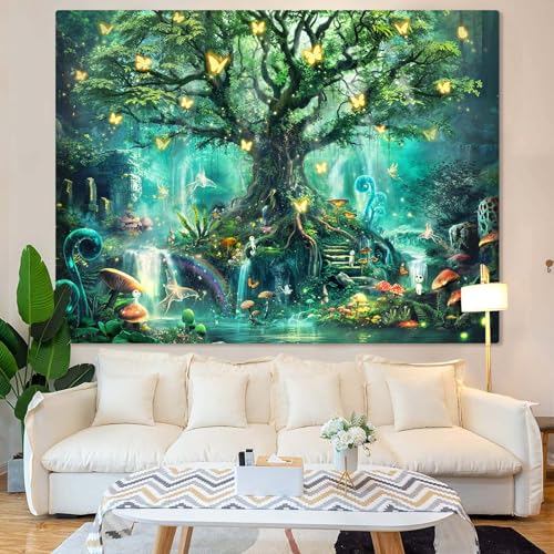 Zussun Fantasy Forest Tapestry Green Fairy Magical Tree Of Life Tapestries For Bedroom Aesthetic Nature Plant Tapastry'S Wall Hanging Mushroom Butterfly Elves Wall Tapestry For Living Room Dorm thumb #4
