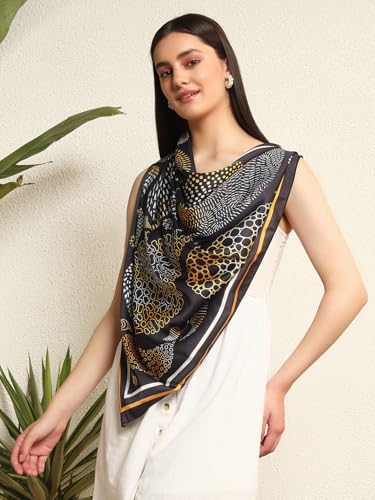 Image of Ravaiyaa - Attitude is everything Women Silk Digital Print Large Square Scarf Breathable Lightweight Neckerchief Printed Headscarf 40 inch x 40 inch Inch