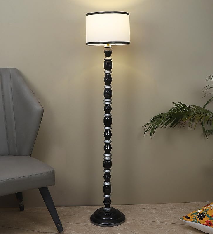 Image of tu casa Mango Wooden Floor Lamps with Black & White Base & Striple Shade for Home Decor, Bedrooms Corner, Living Room, Gifting, Diwali Decoration, Hall, Office (Height: - 56 inch) - Bulb not Included