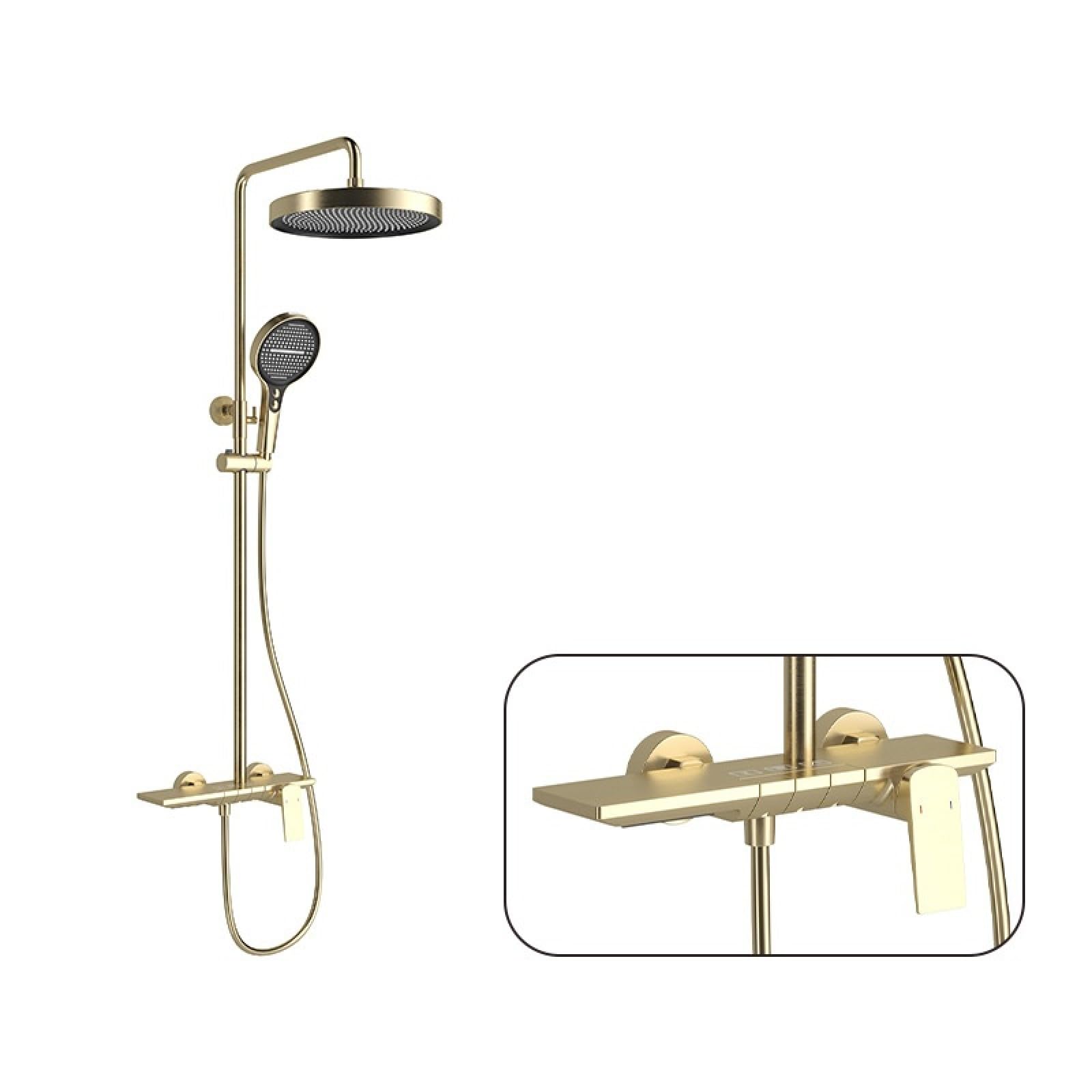 Fanjubei Third Function: Brushed Gold All-Copper Piano Button Hot And Cold Water Booster Shower Set, Three-Function Brushed Gold