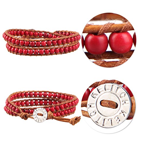 Image of KELITCH Double Wrap Bracelet Women Hand-Braided Turquoise Beads Bracelets Boho Leather Bracelets Bangle
