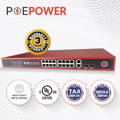 Image of 16 Port Unmanaged 802.3bt POE++ Extreme Power Gigabit POE Switch, 90 Watts on Each Port, 1200 Total Watts Budget, 4 Additional Ethernet & SFP Uplinks, 10 /100 /1000, UL Listed & TAA Compliant