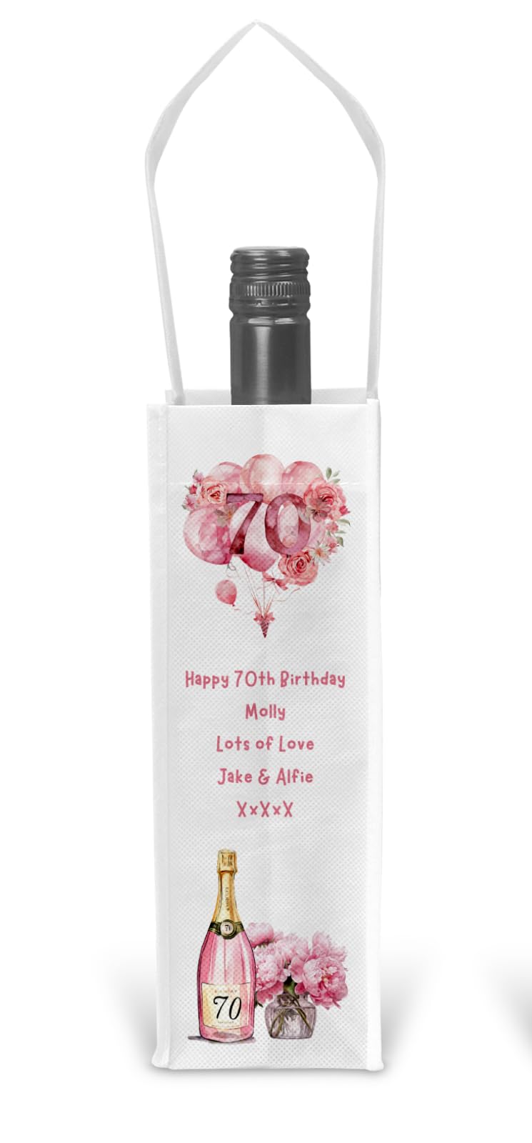 70th Birthday Gift For Her - Personalised 70th Birthday Gift Bag For Bottle of Champagne Wine Spirits with Age 70 Pink Balloons Design