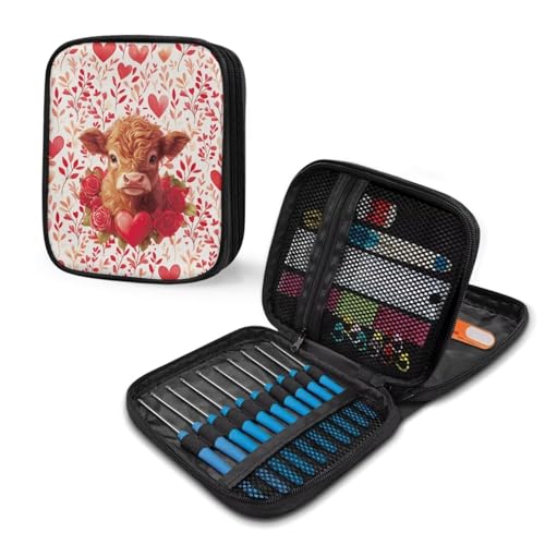 Image of Highland Cattle Crochet Hook Case Rose Portable Knitting Needle Organizer for Valentines Day Crochet Organizers and Storage Lightweight