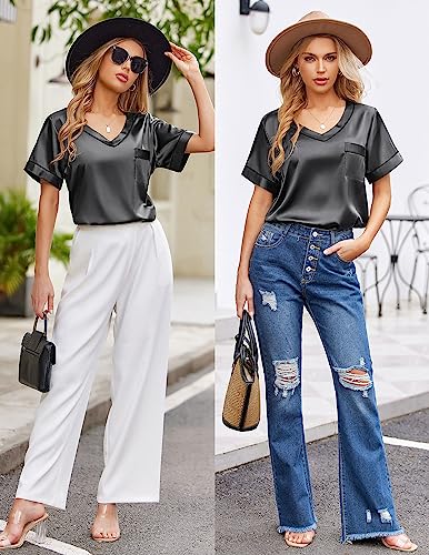Image of Ekouaer Silk Pajama for Women Short Sleeve Satin Pj Set Two Piece Soft Sleepwear Loungewear S-XXL