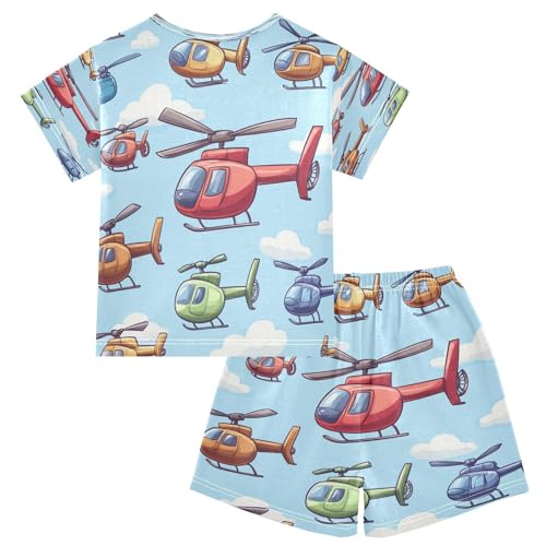 Pajama Sets Short Sleeve Helicopter Pattern Sky Background Soft Cotton Summer Sleepwear 2 Piece PJS Size 5-14T2