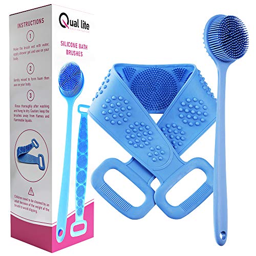 QUAL-LITE Two Sided Silicone Back Scrubber Set - Soft Scrubbing Pad with Coarse Bristles for Gentle Skin Exfoliation and Massage - Long Silicone Bath Brush with Handles