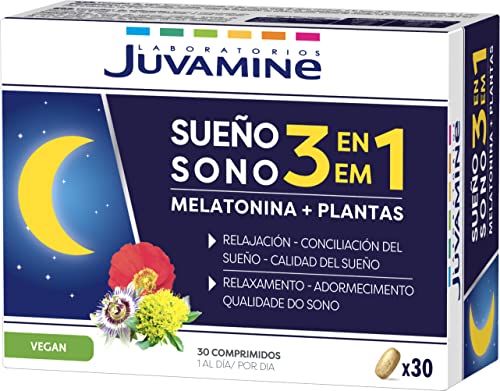 JUVAMINE - Sueño 3 en 1 - Melatonina - Pasiflora - Rodiola - Amapola - Relajación - Conciliación del sueño - Calidad del sueño - Bienestar - 30 Comprimidos