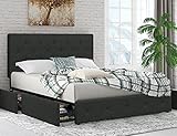 SHA CERLIN Upholstered Queen Size Platform Bed Frame with 4 Storage Drawers, Adjustable Headboard with Diamond Stitched Button Tufted Design, Wooden Slat Support, No Box Spring Needed, Dark Grey