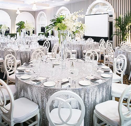 Image of B-COOL Sequin Tablecloth Round Party Decorations: 132 Inch Silver Tablecloth Sequin Overlay Glitter Fabric for Indoor and Outdoor Gathering Christmas Parties