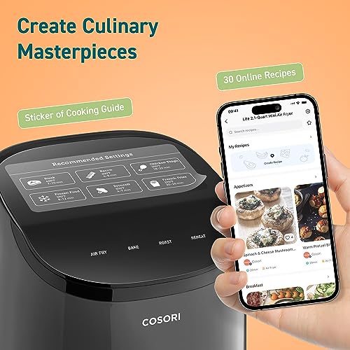 Cosori Mini Air Fryer 2.1 Qt, 4-in-1 Small Airfryer, Bake, Roast, Reheat, Space-saving & Low-noise, Nonstick and Dishwasher Safe Basket, 30 In-App Recipes, Sticker with 6 Reference Guides, Gray
