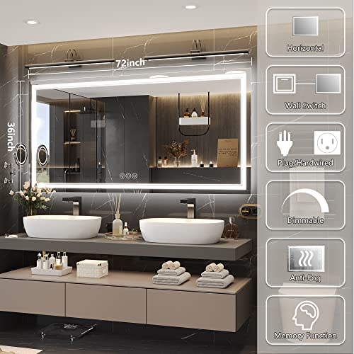 Image of 72x36 Inch Led Mirror for Bathroom with Front Light and Backlit, Bathroom Mirror with Led Lights, Vanity Mirror with Lights for Wall, Anti-Fog, Dimmable, Memory Function, Tempered Glass
