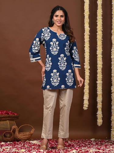 Image of Rimeline Women's Floral Printed Cotton Kurti Top | Round Notch Neck 3 /4 Sleeve Straight Fit Casual Tunic