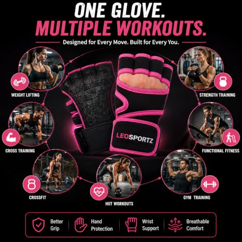 Image of Leosportz Gym Gloves for Women Weight Lifting | Workout Gloves with Wrist Support for Women | Crossfit Gym Gloves with Anti Slip Silicon (Pink, S)
