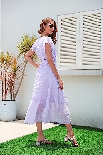 Image of VintageClothing Womens Sundress Casual Floral Summer Boho Dress | Flowy Wrap V Neck Ruffle A-Line Pleated Hem Midi Dresses