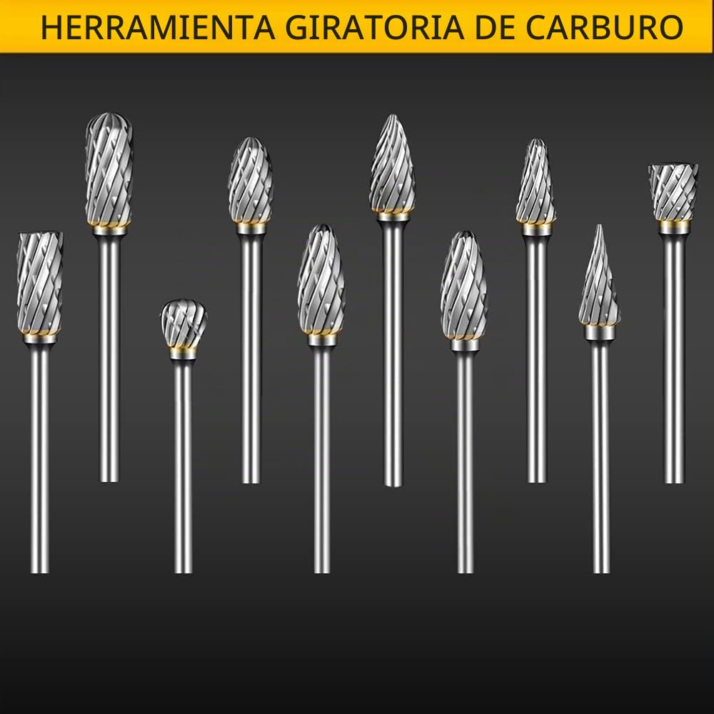 Juego de Fresas Rotativas 10 Piezas Metal Duro para Dremel Vástago 1/8" Bricolaje Pulido Taladrado