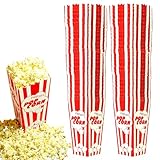 60 Movie Night Popcorn Paper Boxes Buckets 7.75 Inches Tall Large Box & Holds 46 Oz Old Fashion Vintage Retro Party Design Red & White Colored Nostalgic Carnival Stripes Bags & Tubs various qty avail