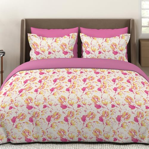 Image of Layers 100% Cotton Bedsheet for King Size Bed | Lumina Floret Collection | 144 TC Soft & Breathable | Printed with 2 Pillow Covers | Wrinkle Free & Colorfast | 3 Piece Bedding Set - Beige