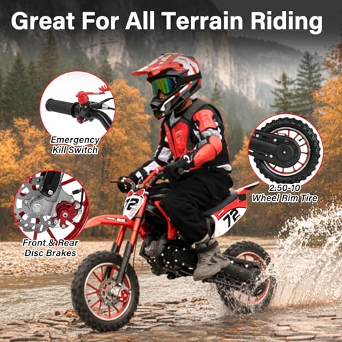 Image of Kids Dirt Bike Gas Powered, 50cc 2 Stroke 49cc Dirt Bike, Pit Bike Up to 24 MPH Pull Start, Gas Dirt Bike for Boys Girls Dual Disc Brake Inverted Fork Birthday Holiday Red with Armor Suit Set