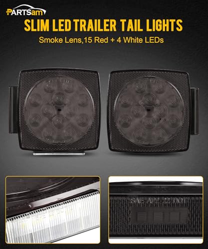 Image of Partsam Pair Slim Square LED Trailer Light Submersible Tail Lights 15 Red 4 White LEDs 5050 SMD Stop Turn Tail with Side Clearance and License Lights for Under 80 inch Boat Trailer 12V IP67 Smoke Lens