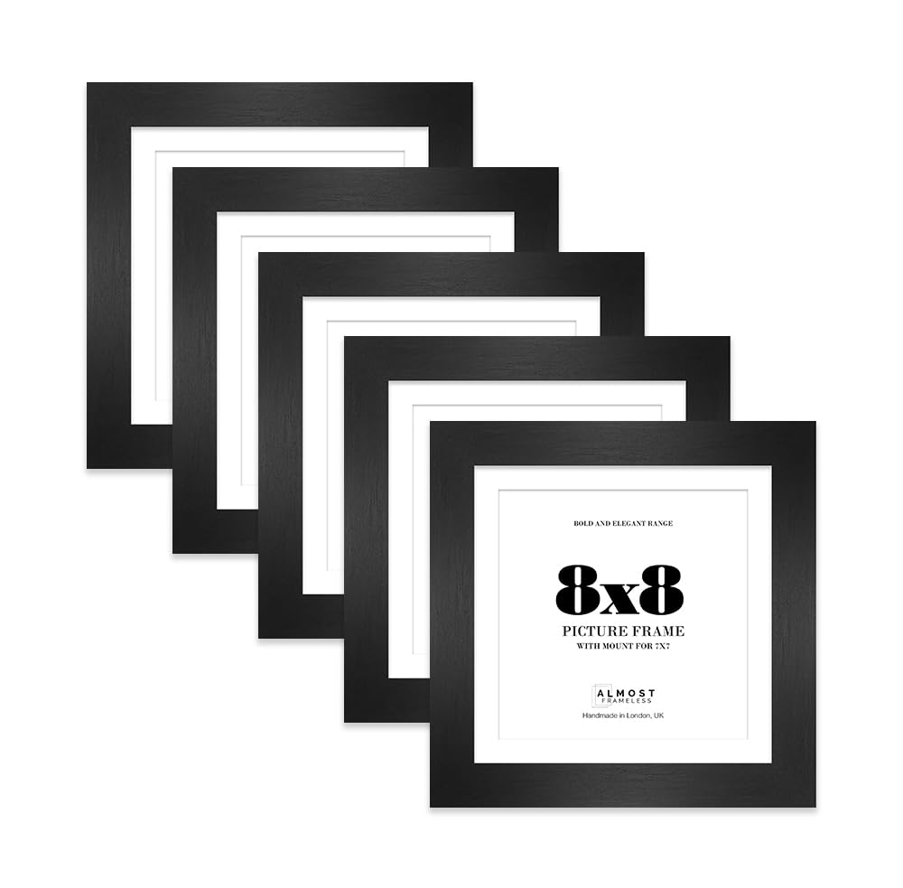 8x8" Black Square Frame With Mount for 7x7" Pictures 28mm Edge Frame Display with Wall Hooks and Kickstand, 5 Pack