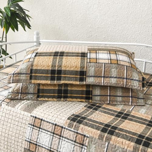 Image of Jarson 3 Pcs Plaid Daybed Cover Set Twin Size Brown Beige Sofa Cover Double Side Bed Set Classic Patchwork Bedding Sets Daybed Quilt Set with Pillow Shams