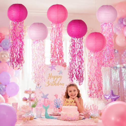 Image of Set of 6 Hanging Jellyfish Paper Lanterns Blue Jellyfish Decor for The Sea Ocean Party, Mermaid Birthday Decoration, Baby Shower, Nautical Events(Glitter Pink)
